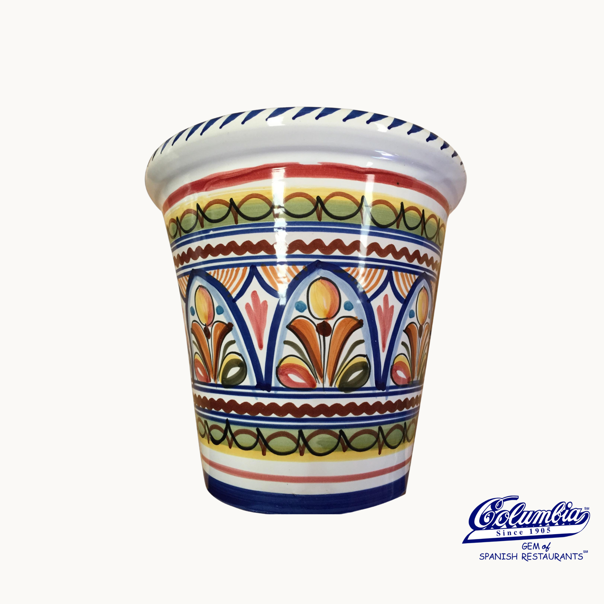 A hand-painted mini size flower pot with multicolored patterns and designs.