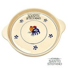 A beige ceramic serving tray with blue floral patterns and a colorful rooster in the center, along with the text 'CASA SANTO STEFANO'.