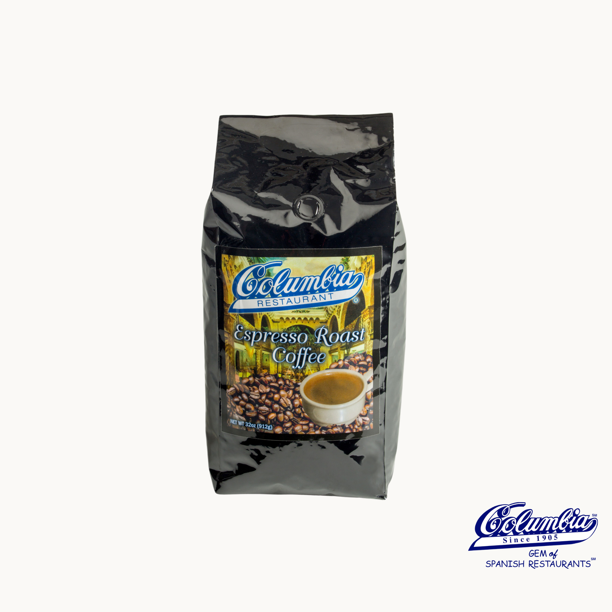 Bag of Columbia Espresso Roast coffee on a white background