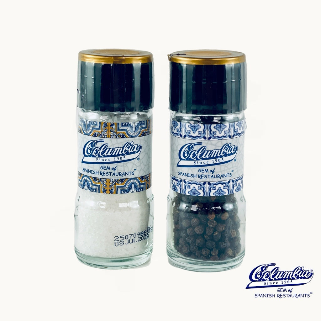 Salt and Pepper Grinders on White Background with Columbia Logo