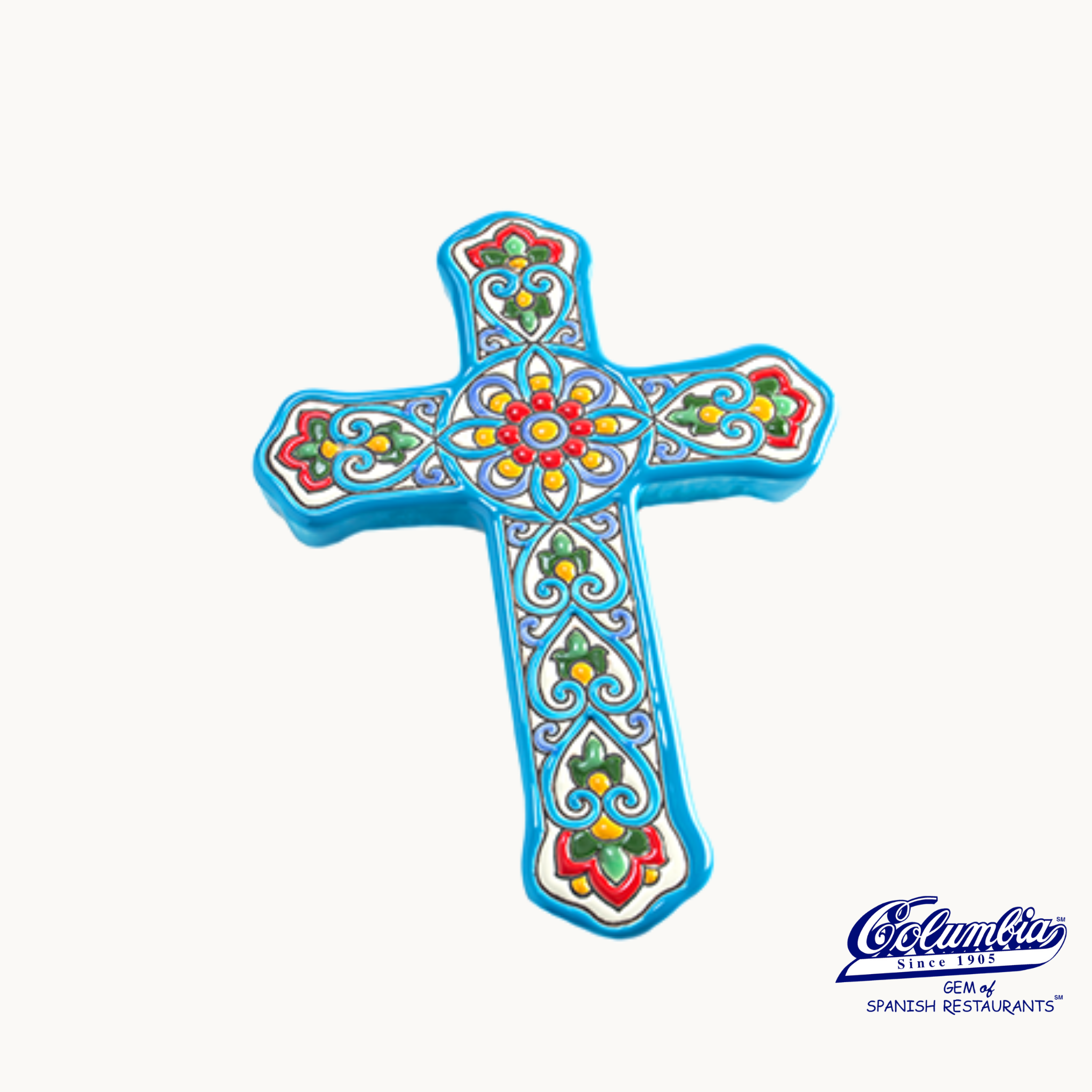 Decorative cross with colorful patterns on a white background