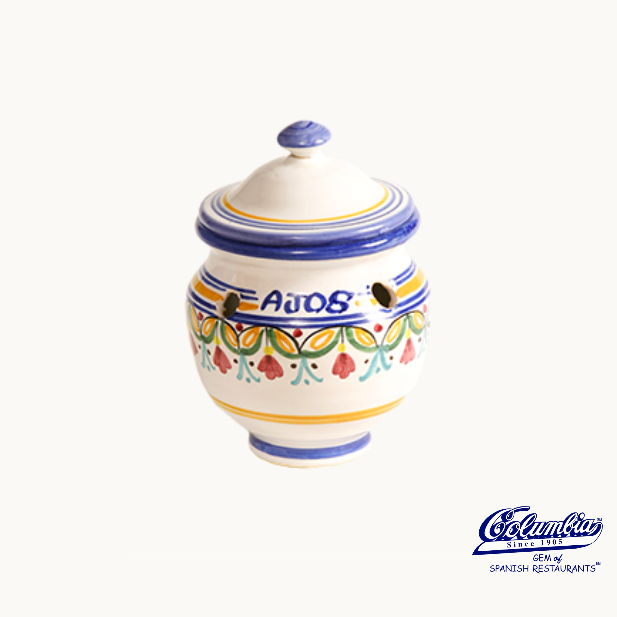 Ceramic jar with colorful patterns on a white background