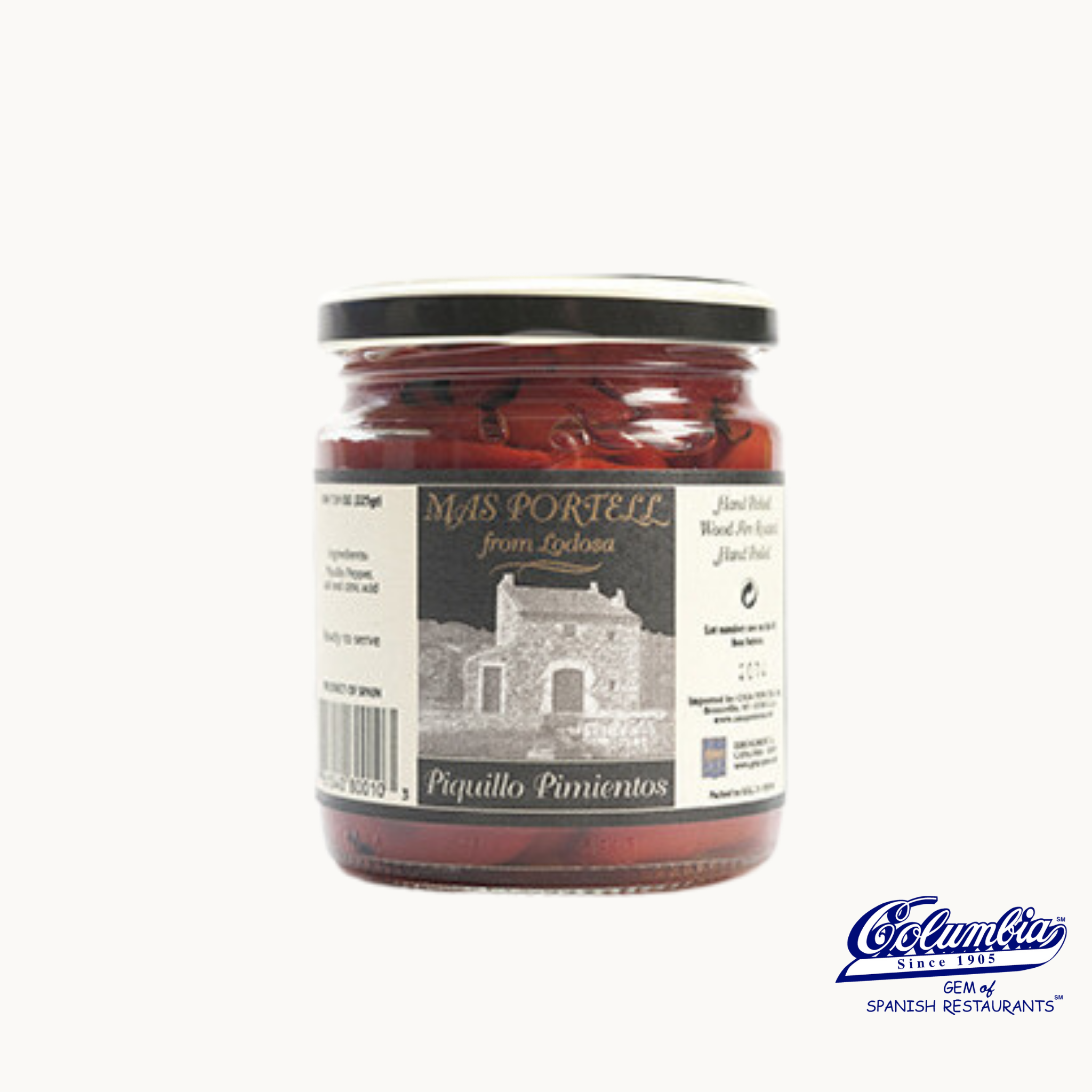 Jar of piquillo pimientos on a white background
