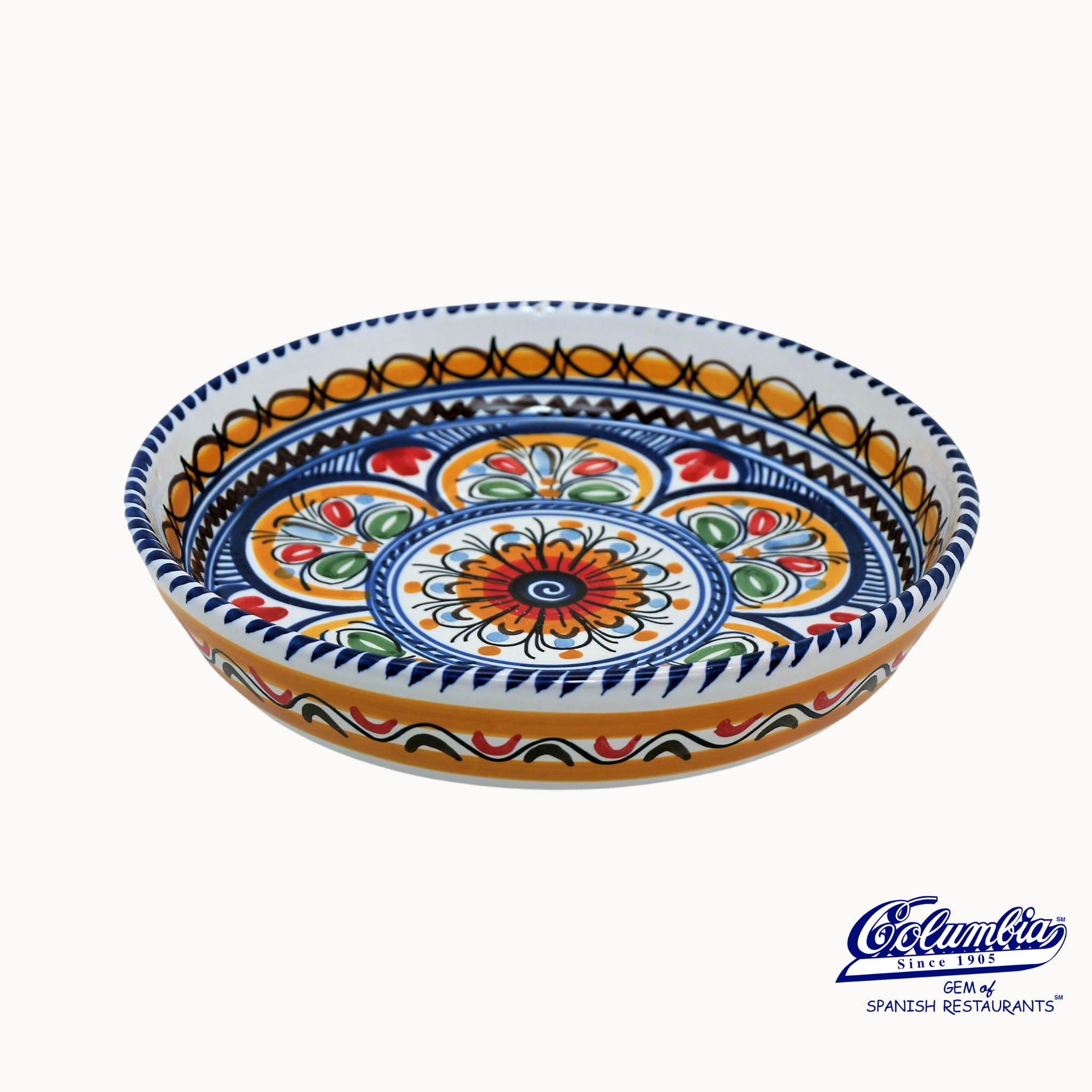 A colorful, hand-painted ceramic platter with a floral pattern and a small lip around the edge.