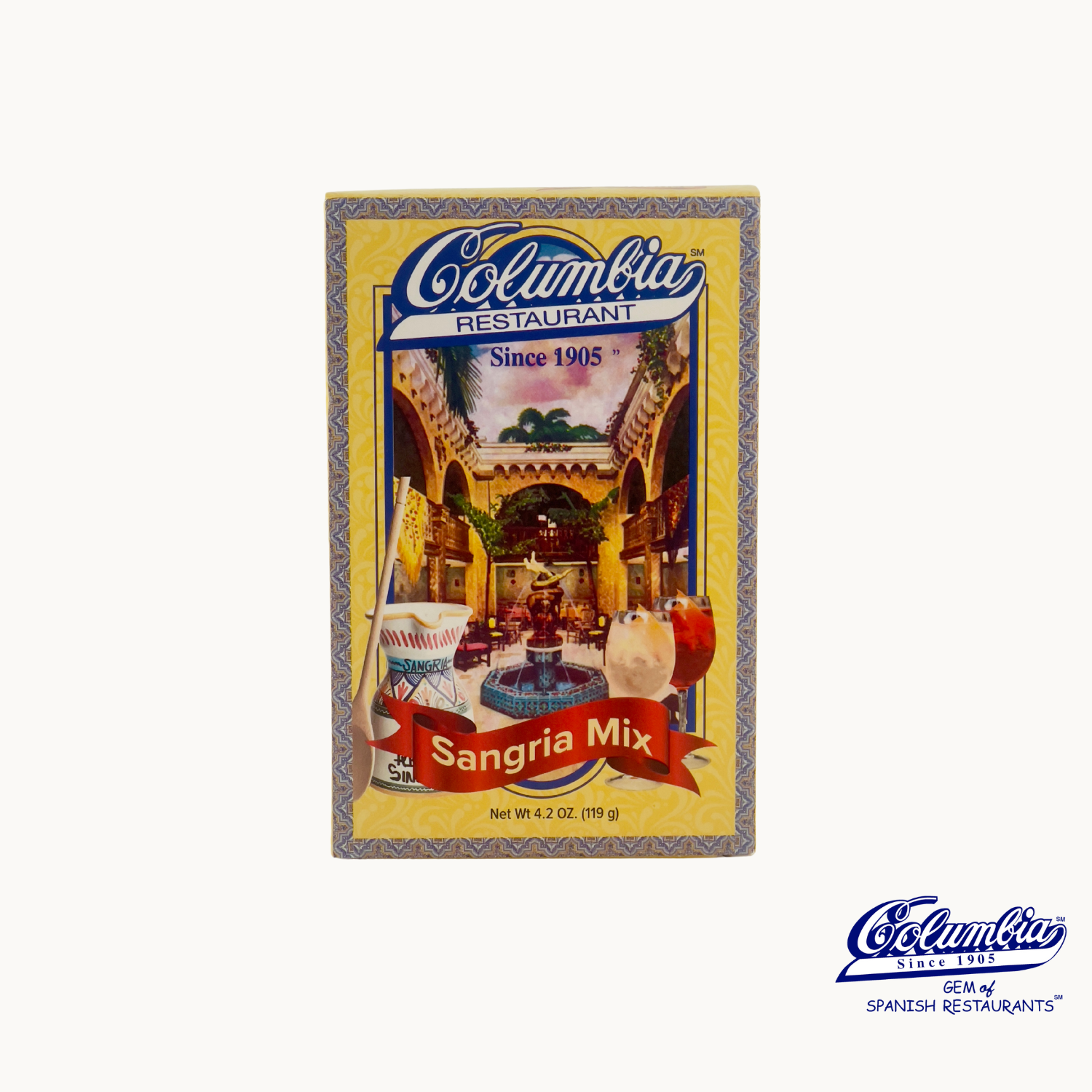 Packaging of Columbia Sangria Mix featuring the brand logo, images of fruits, and text indicating the product as a mix for making sangria.