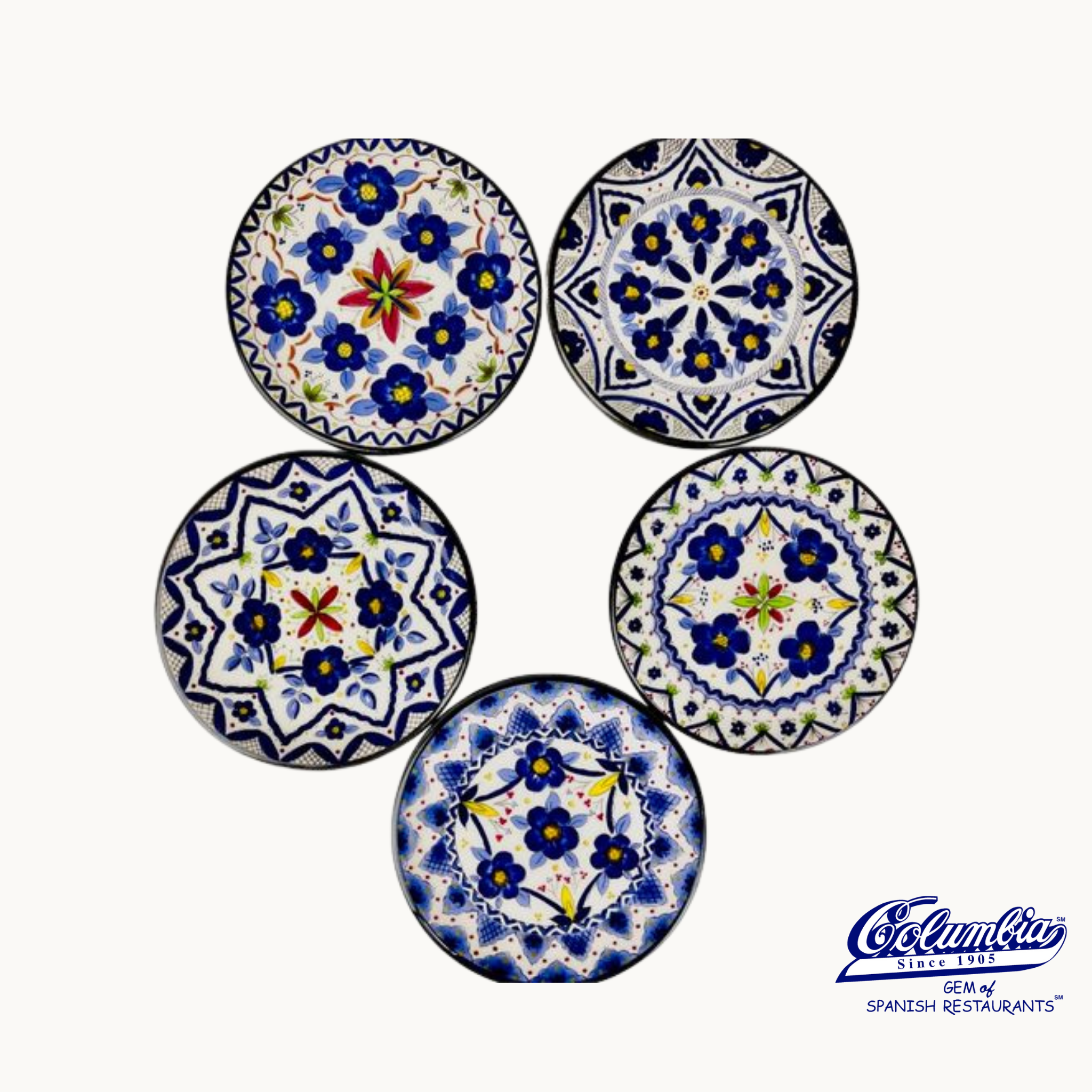 Five decorative ceramic plates with floral patterns on a white background.