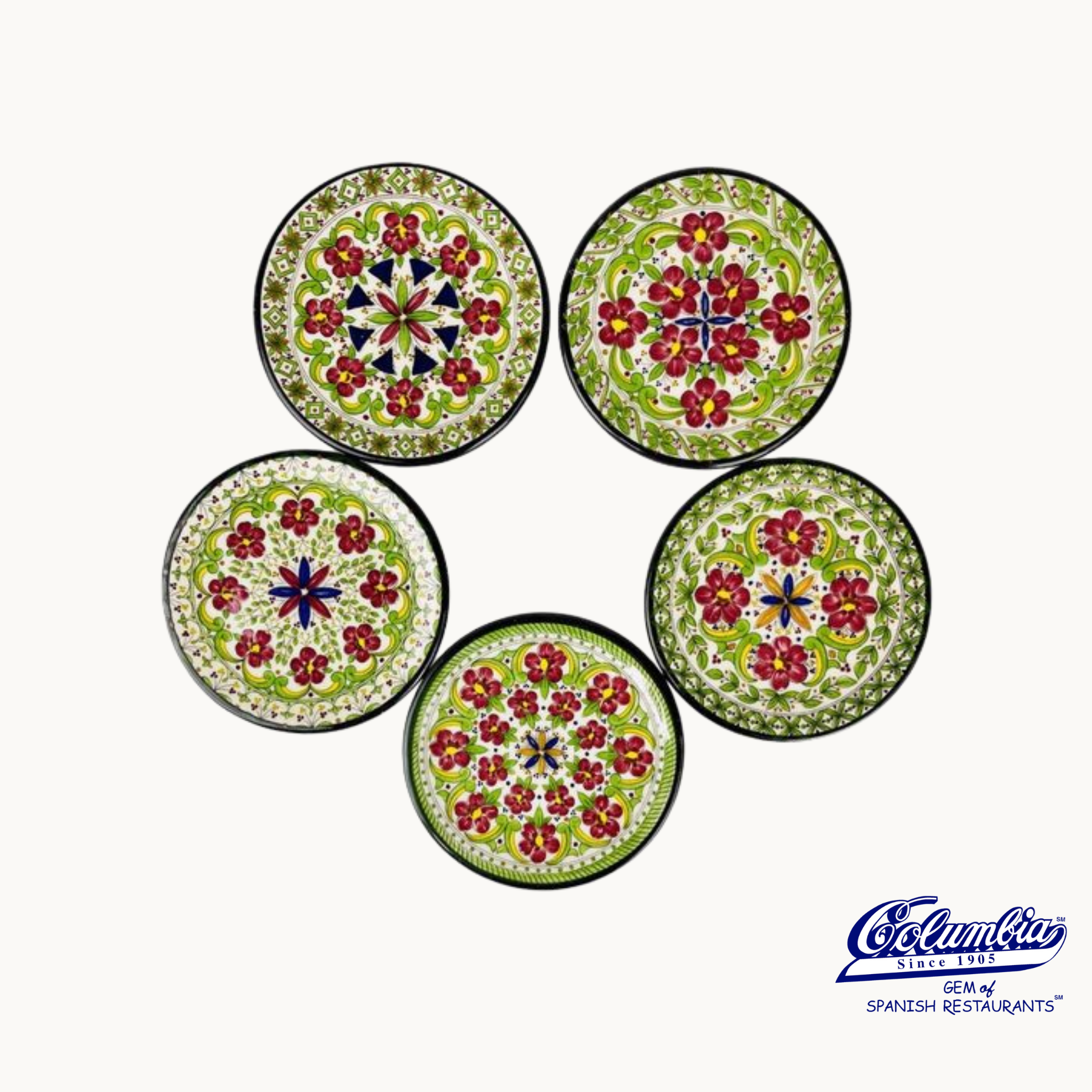A set of 5 multicolored ceramic coasters with a floral pattern, imported from Spain.