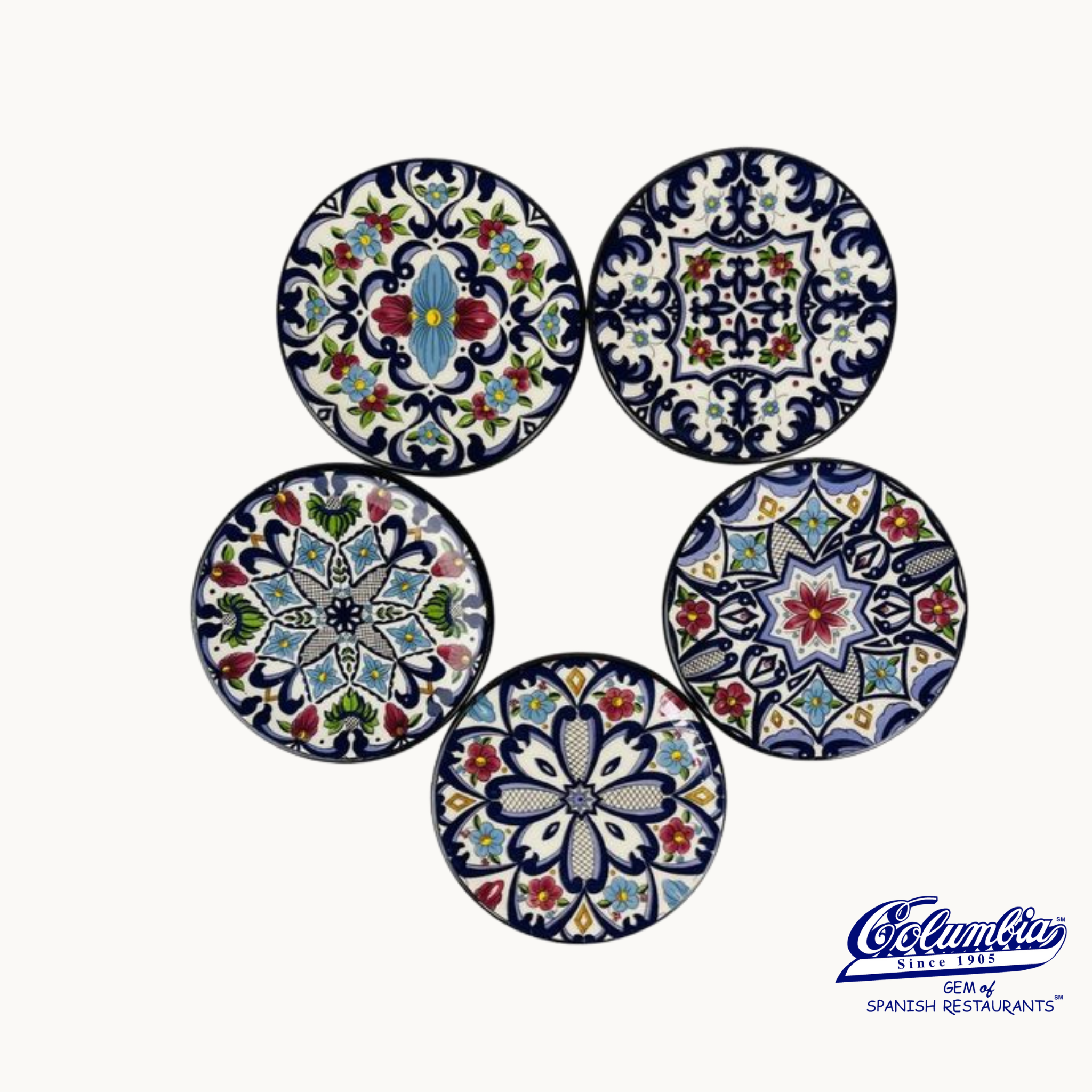 A set of 5 multicolored ceramic coasters with traditional Spanish floral and geometric patterns.