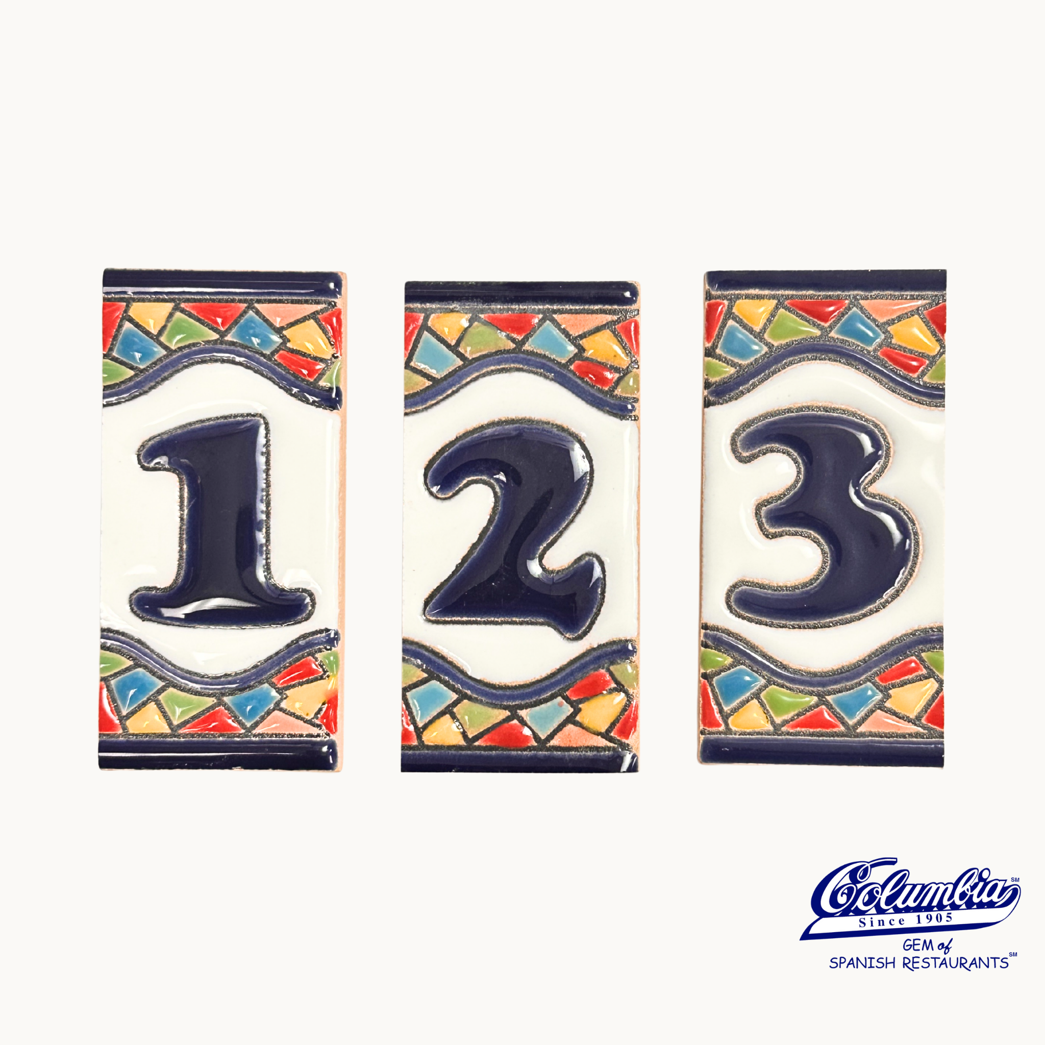 Three ceramic tiles with numbers 1, 2, and 3 on a white background, featuring a colorful border.