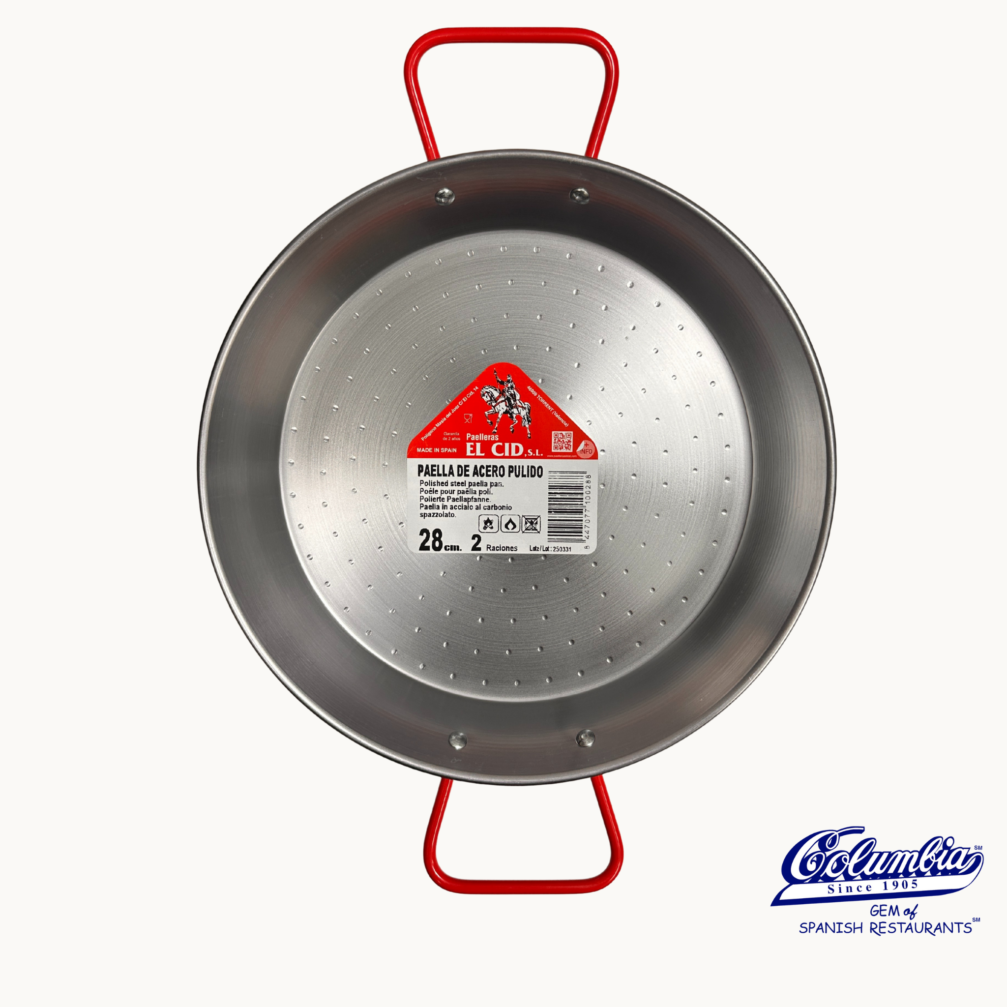 Metal paella pan with red handle and label on a white background