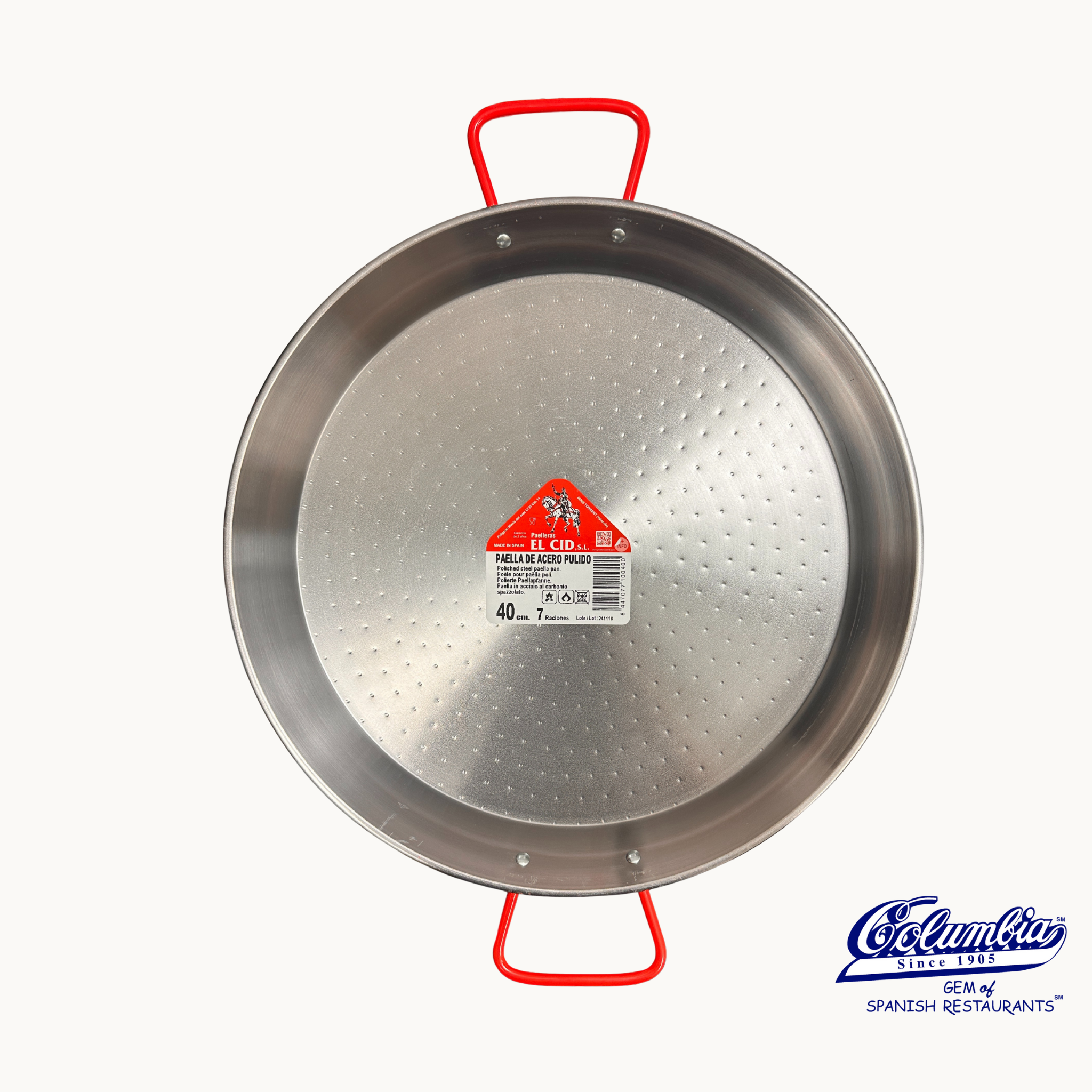 Metal paella pan with red handles and a visible brand logo on a white background