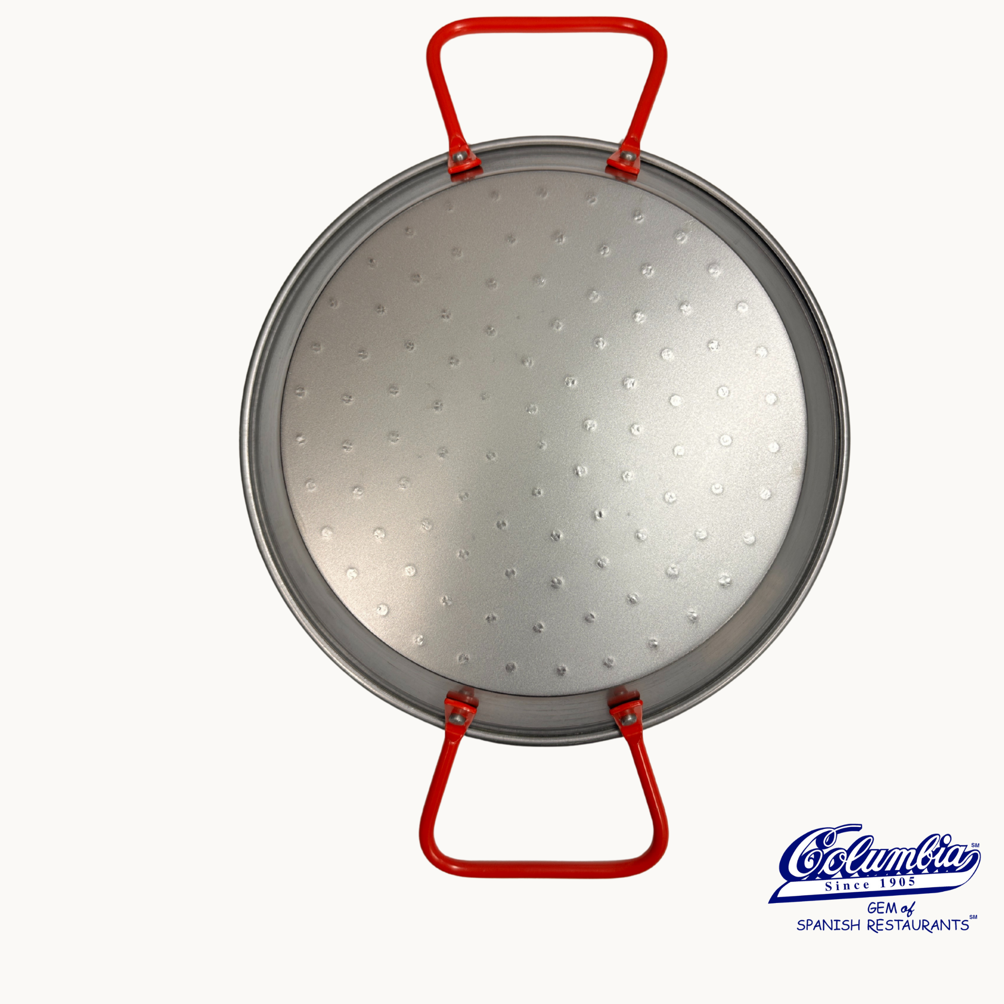 Metal pan with red handles on a white background, featuring the El Bulli logo.