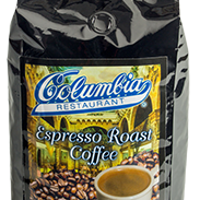 A packaged bag of Columbia Espresso Roast Coffee with a graphic depicting coffee beans and a cup of coffee.