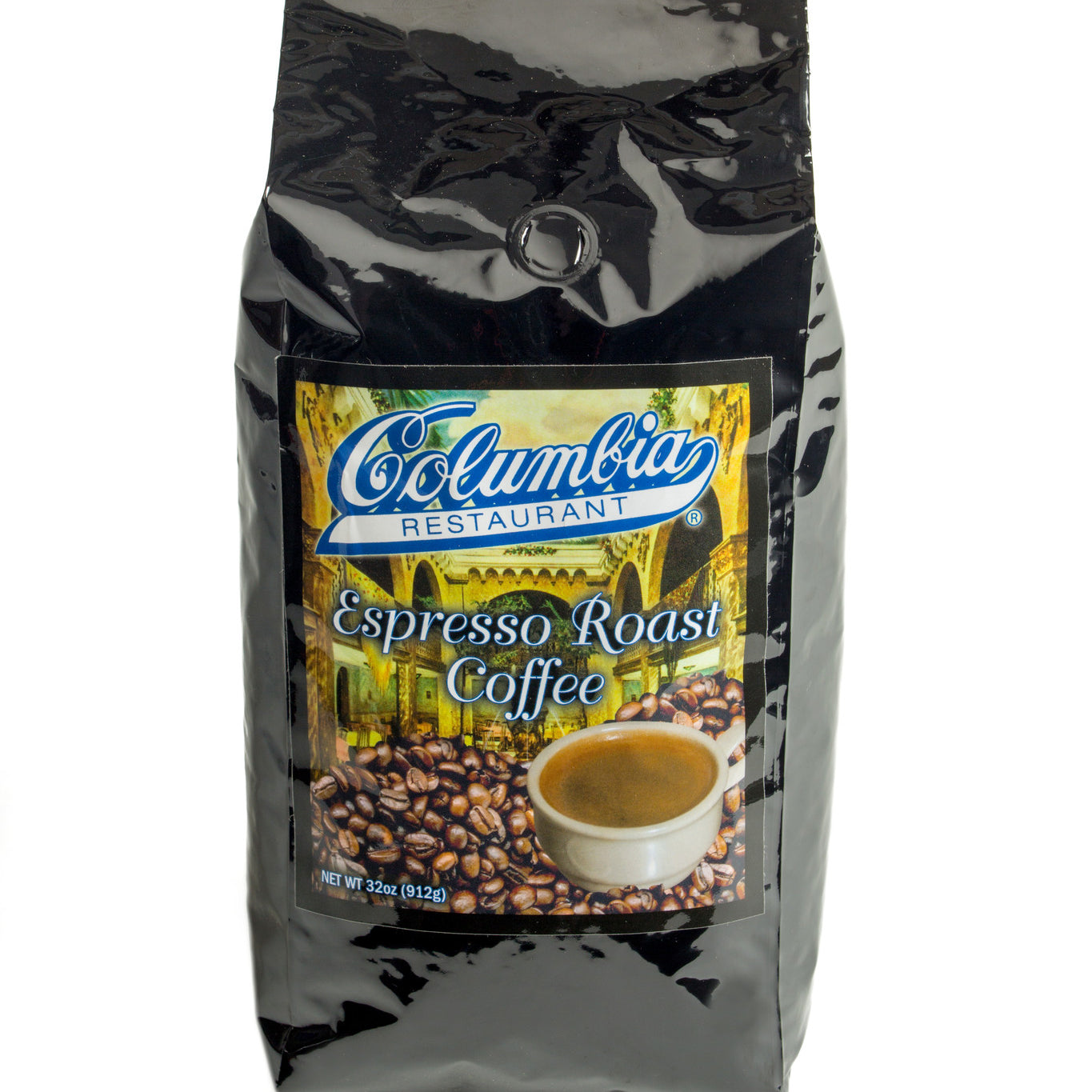 Columbia Restaurant Espresso Roast Coffee, 12-ounce bag featuring coffee beans and a cup of espresso on the label.