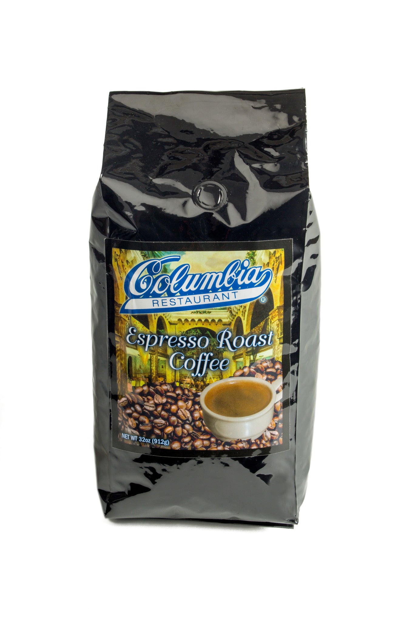Columbia Restaurant Espresso Roast Coffee, 12-ounce bag featuring coffee beans and a cup of espresso on the label.
