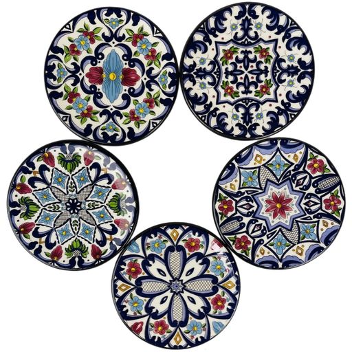 A set of five multicolored ceramic coasters with floral and geometric patterns.