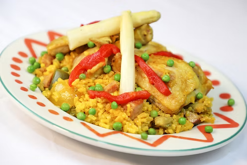 Rice and Chicken on a white and red plate n a white background