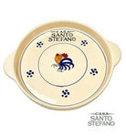 A beige colored ceramic serving tray with blue floral patterns and a red and yellow rooster in the center, along with the text 'CASA SANTO STEFANO'.