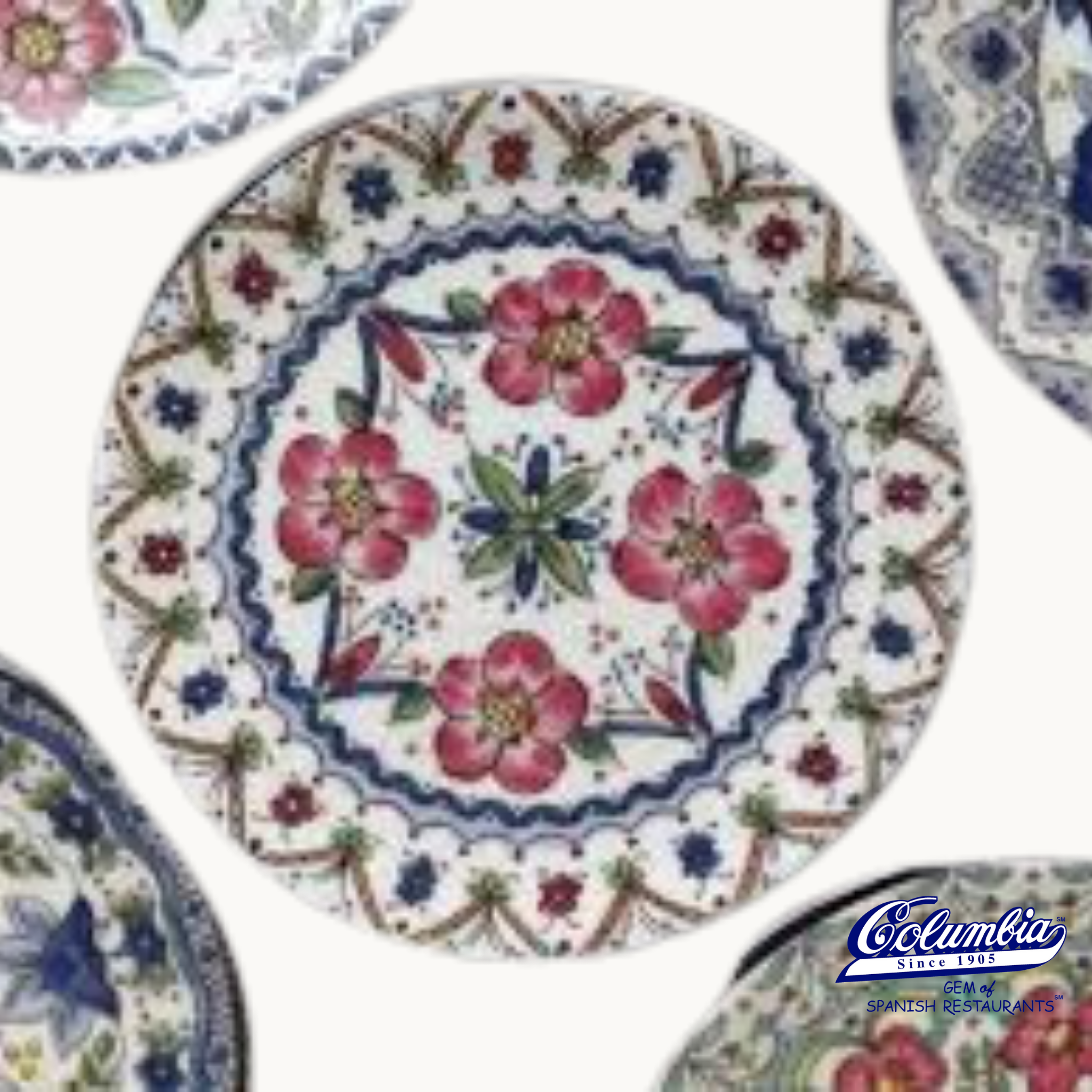 A ceramic coaster with a colorful floral pattern in the center, predominantly white background with variations of the same floral design.