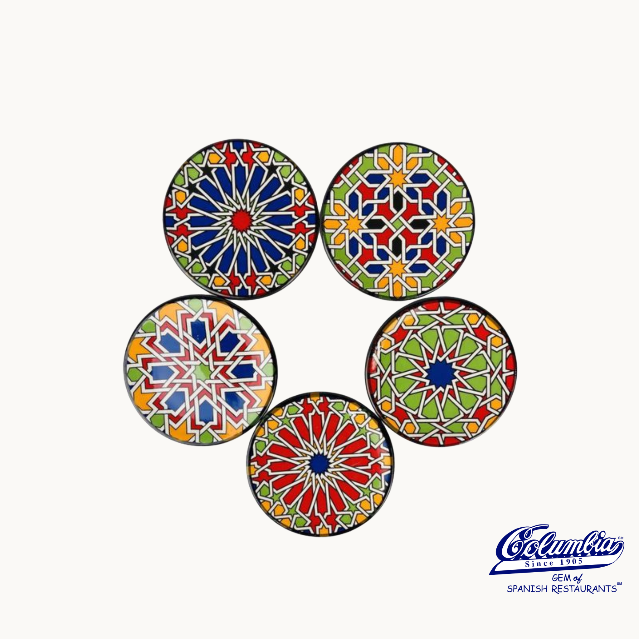 5 Ceramic Colorful Coasters that have several Colorful patterns on them. 