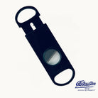 Black cigar cutter on a white background with a visible brand logo.