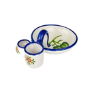 Hand-painted ceramic serving dish with blue trim, featuring a central bowl with green leaf design and two attached smaller cups decorated with colorful floral patterns.