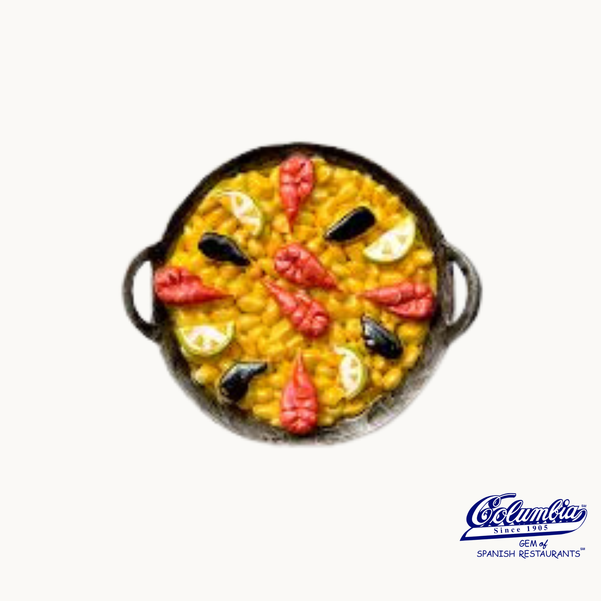 A magnet with Paella in a skillet with red peppers and lemon slices on a white background.