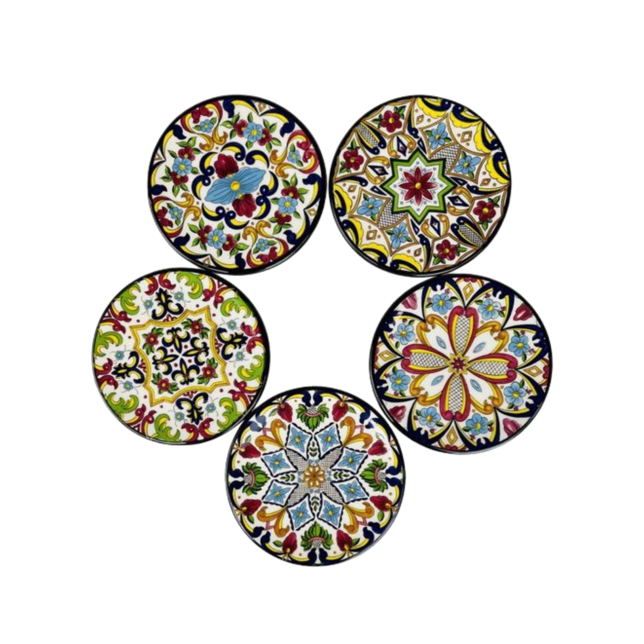 A set of five ceramic coasters with colorful floral patterns on a white background.