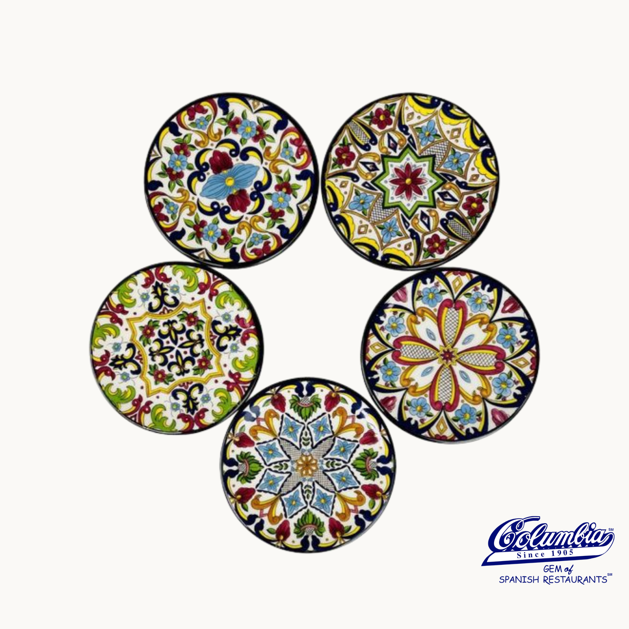 A set of five colorful ceramic coasters with different floral and geometric patterns, branded by Columbia Spanish Pottery.