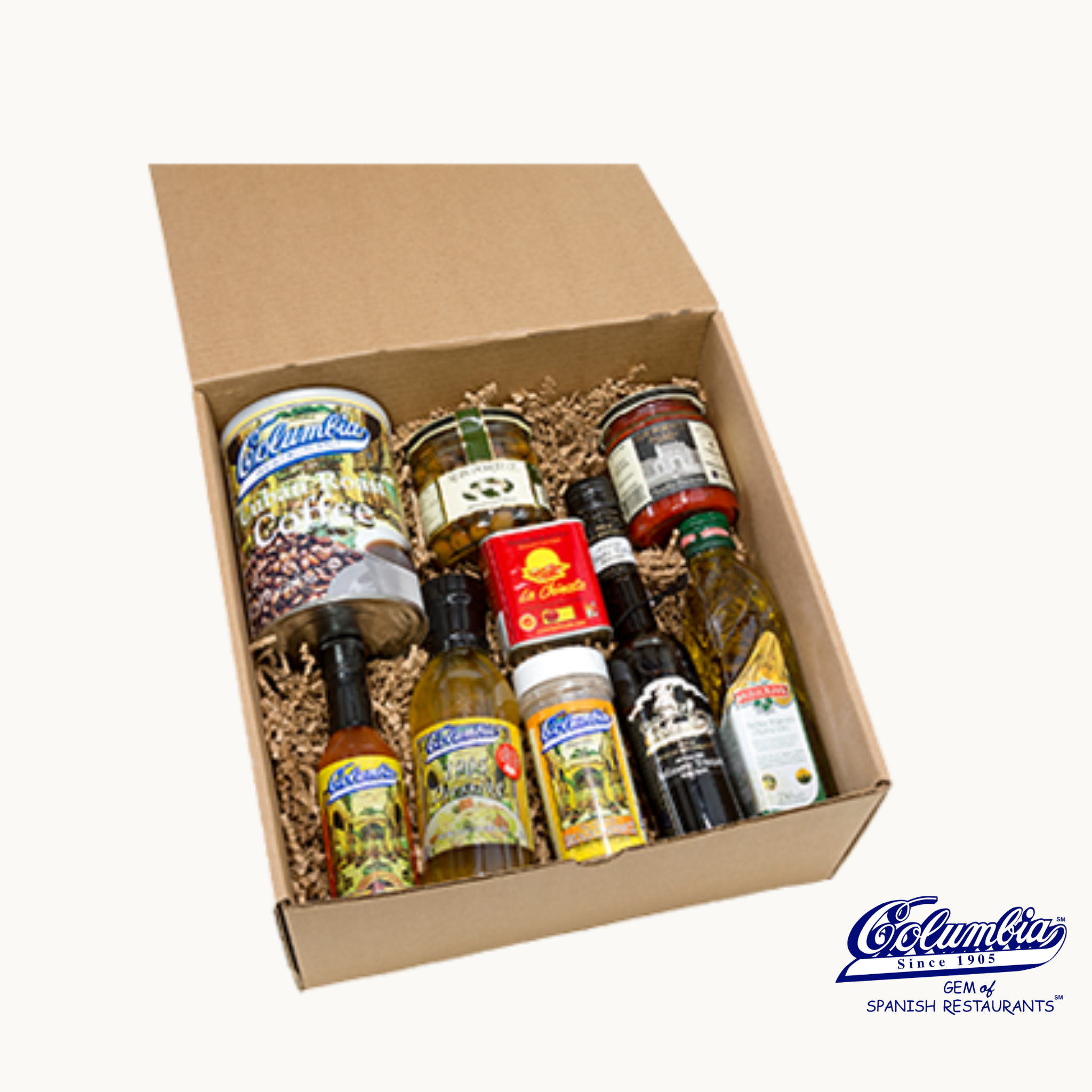 Box of assorted spice bottles with a logo on a white background