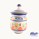 Ceramic jar with colorful floral designs and 'AJOS' text on a white background, featuring the Colmenar logo.