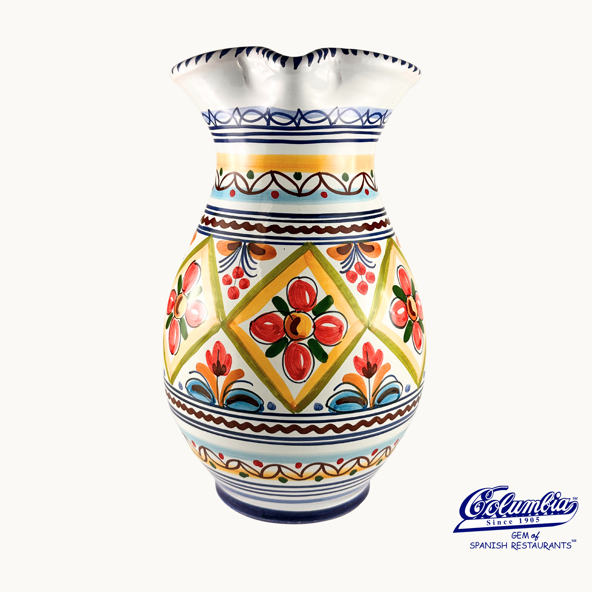Decorative ceramic vase with colorful patterns on a white background