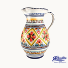 Decorative ceramic pitcher with colorful patterns on a white background