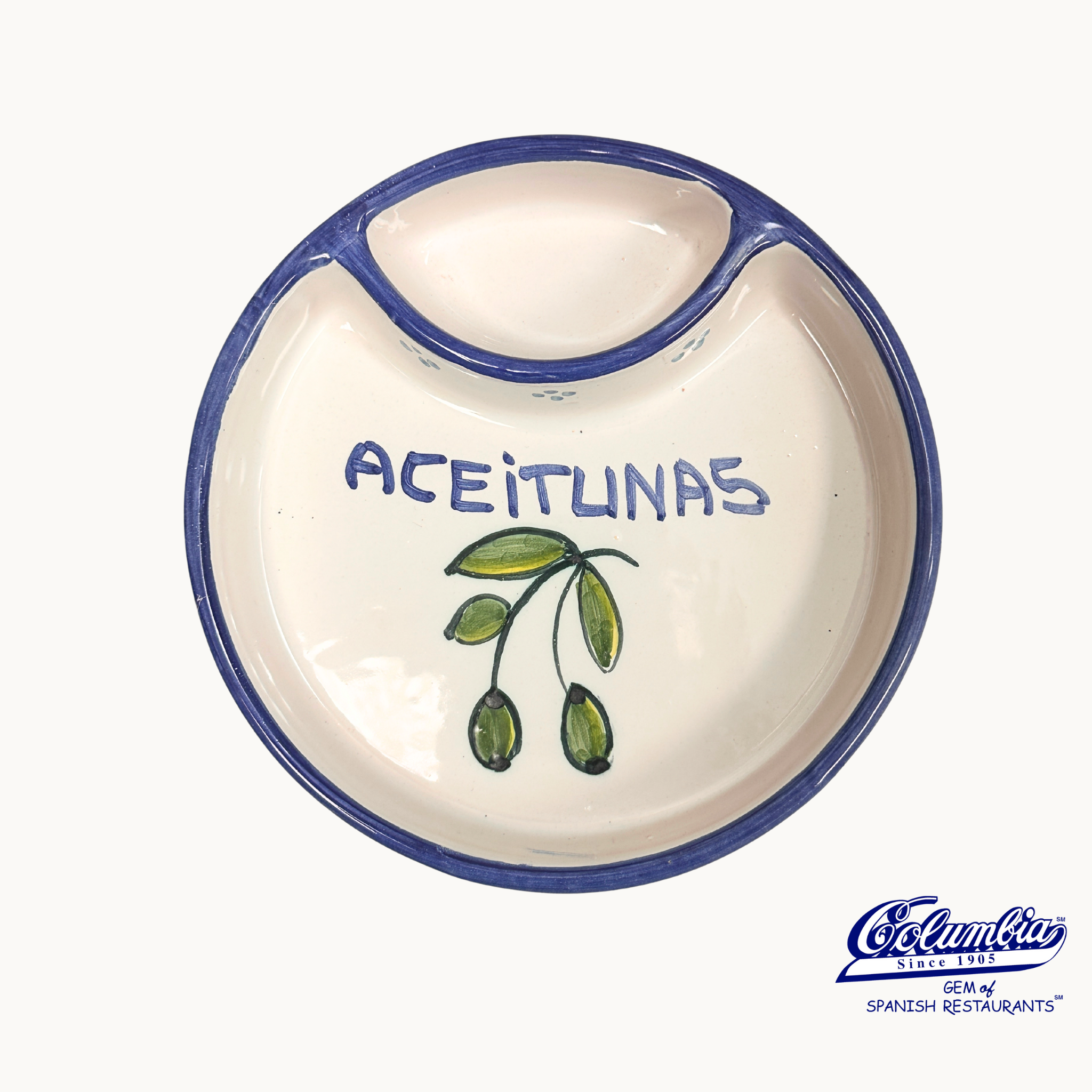 Ceramic dish with 'Aceitunas' text and olive design on a white background