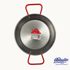 Metal paella pan with red handle on a white background, featuring a brand logo.