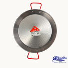 Metal paella pan with red handles and a visible brand logo on a white background
