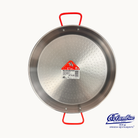 Metal paella pan with red handles and a visible brand logo on a white background