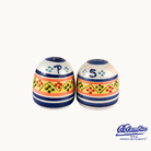 Colorful ceramic salt and pepper shakers with decorative patterns on a white background, featuring the Columba brand.