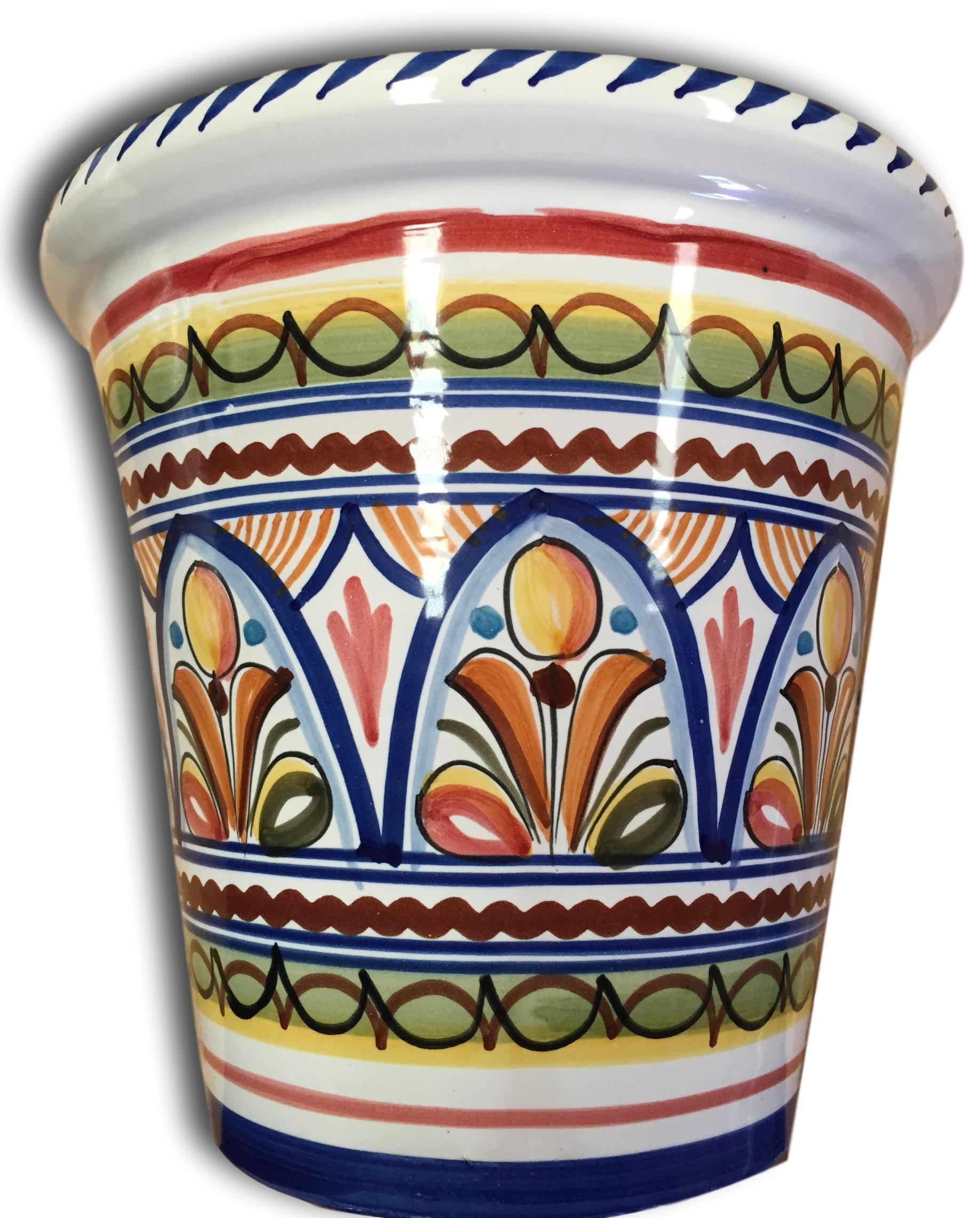 Mini ceramic flower pot with colorful hand-painted design featuring floral and geometric patterns in orange, yellow, blue, and green.