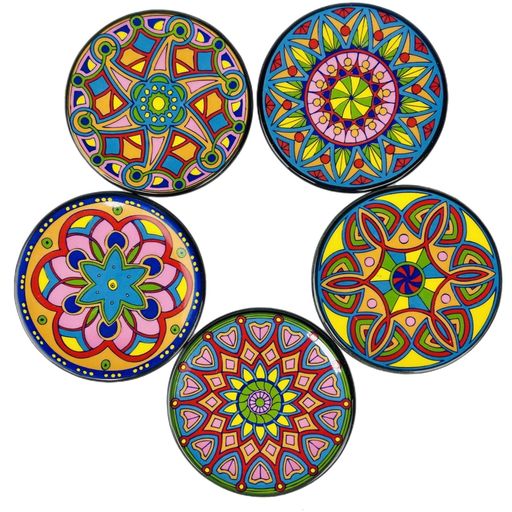 A set of five colorful ceramic coasters with geometric patterns.