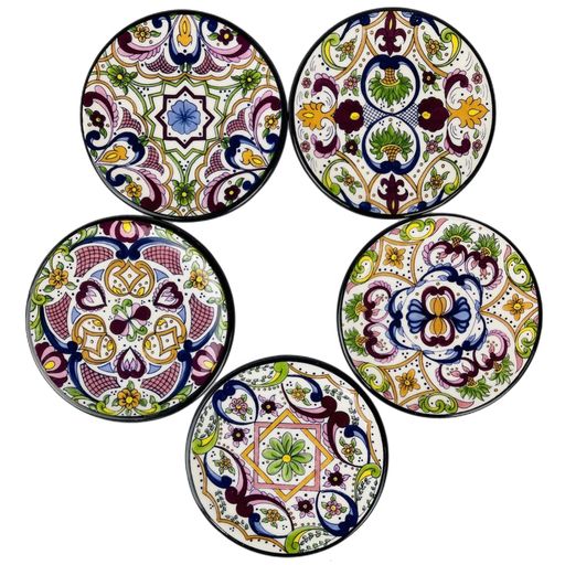 Set of five round ceramic coasters with colorful hand-painted Talavera-style patterns in floral and geometric designs.