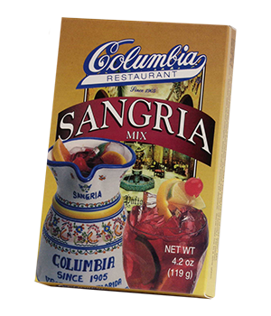 A packaged Columbia Sangria Mix with a picture of a colorful sangria pitcher and a glass of sangria.